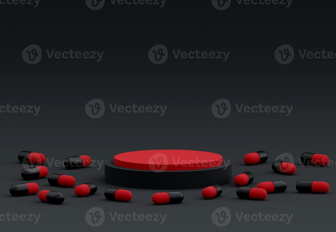 Red cylinder podium with decorative black and red tablet pills on Black background. Stand to show products. Showcase with copy space. Medical Harmful concept. Dangerous pills theme. 3D rendering. photo