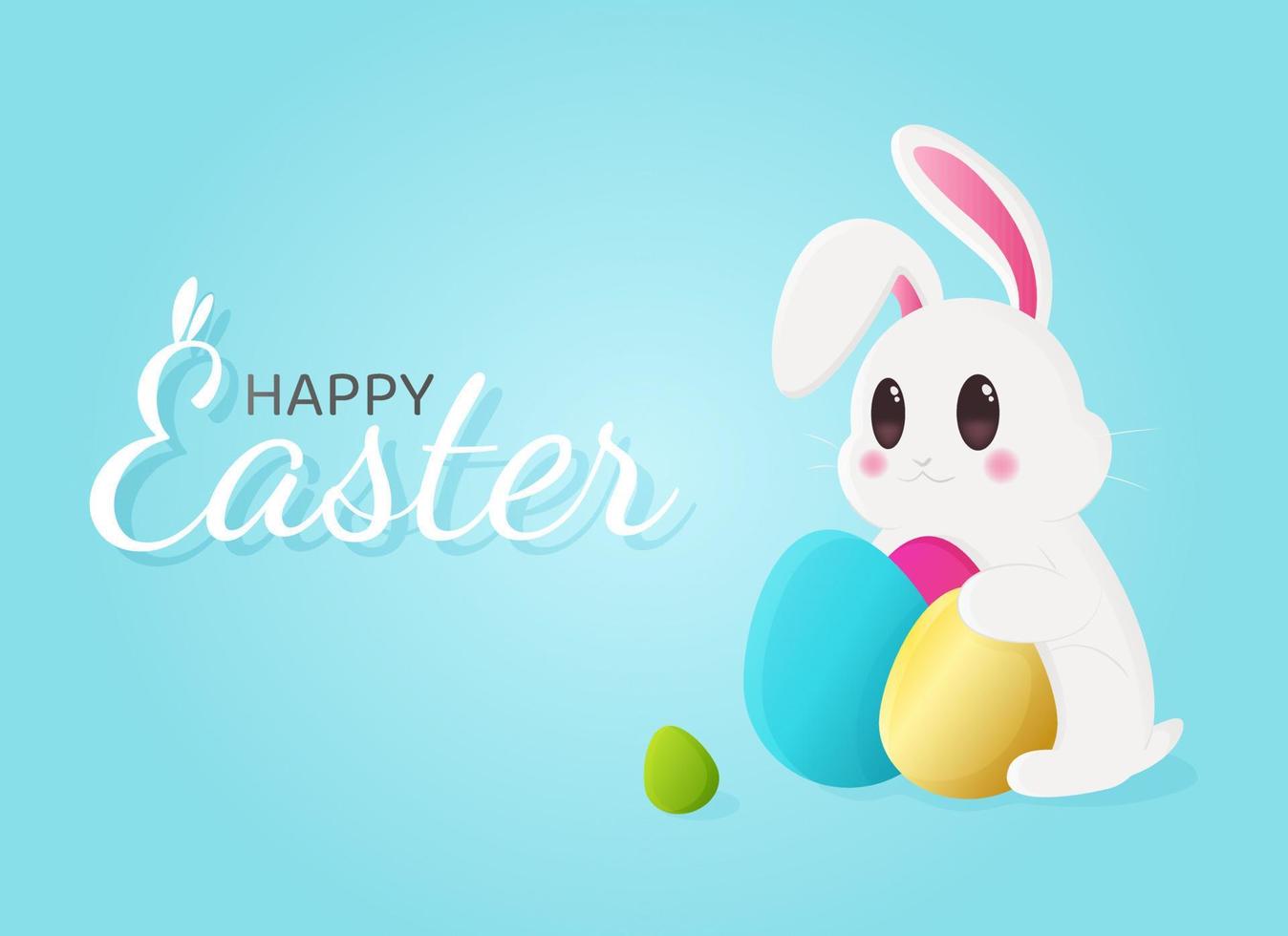 Happy Easter banner. Trendy Easter design with cute bunny, typography and eggs on blue backdrop. Horizontal poster, greeting card, header for website. Vector illustration