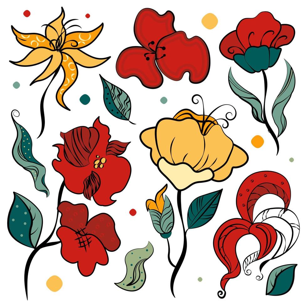 Set of hand drawn doodle flowers and leaves. Colorful isolated Doodle collection for any use. Vector illustration