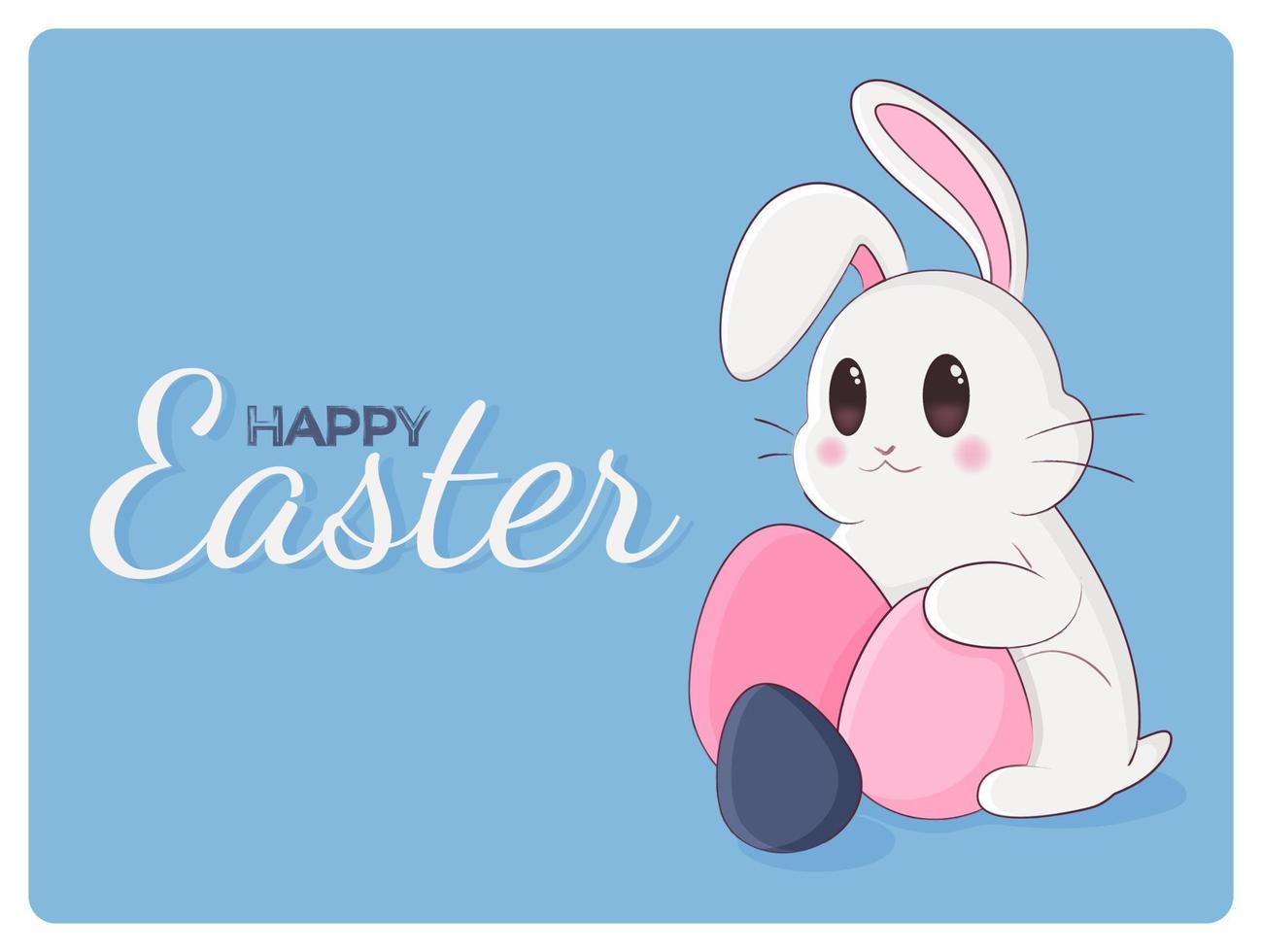 Happy Easter banner. Trendy Easter design with cute bunny, typography and eggs on blue backdrop. Horizontal poster, greeting card, header for website. Vector illustration