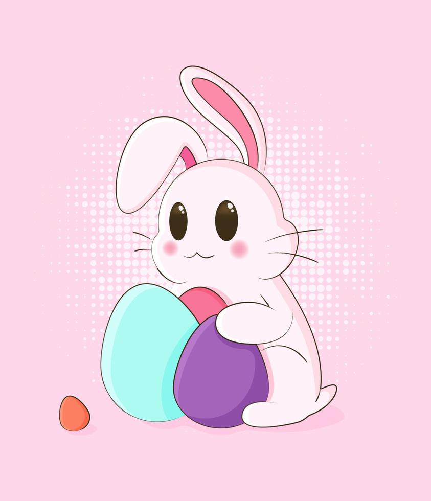 Happy Easter art with cute easter bunny and eggs. illustration with cute cartoon easter bunny on pink backdrop with halftone . Vector illustration