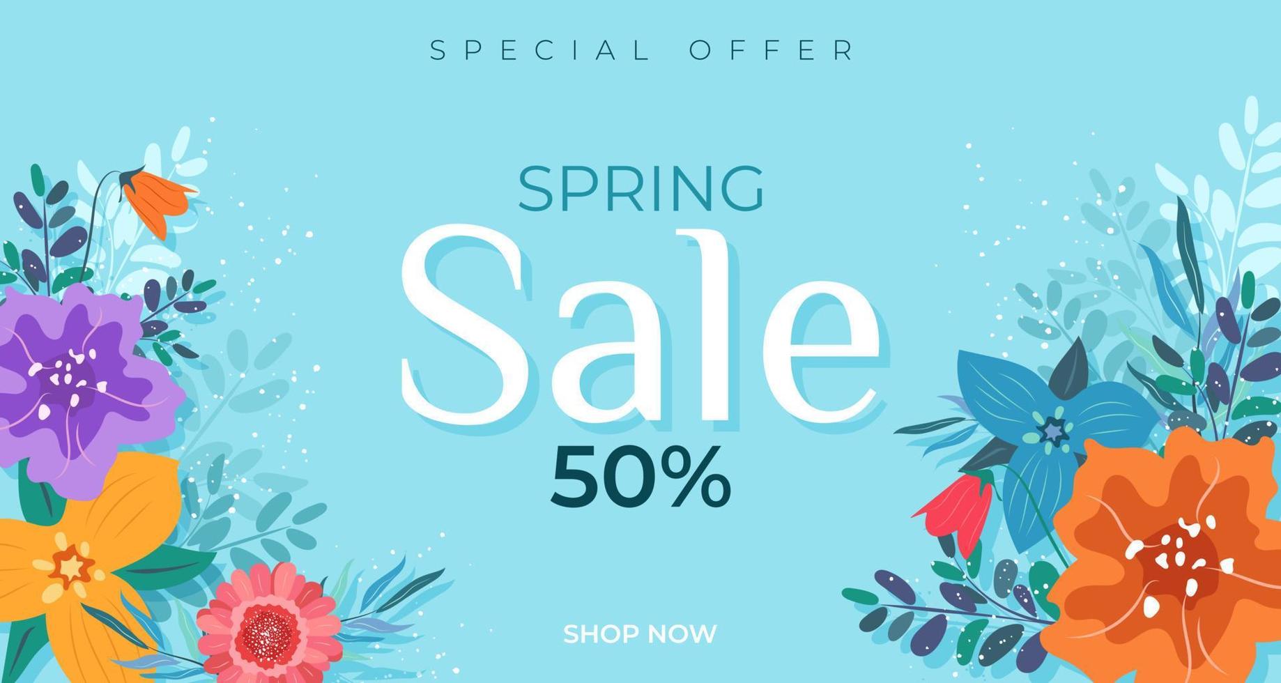 Spring sale banner template with colorful flowers on a blue background. Horizontal Vector illustration for promotions, magazines, advertising, web sites. Vector banner.