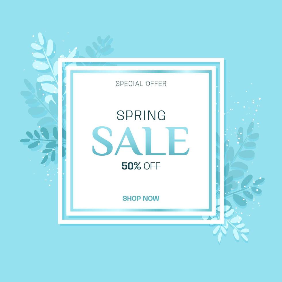 Vector Design banner with spring sale logo. Discount card for spring season with white frame and herb on blue backdrop. Promotion offer with spring plants and leaves decoration.