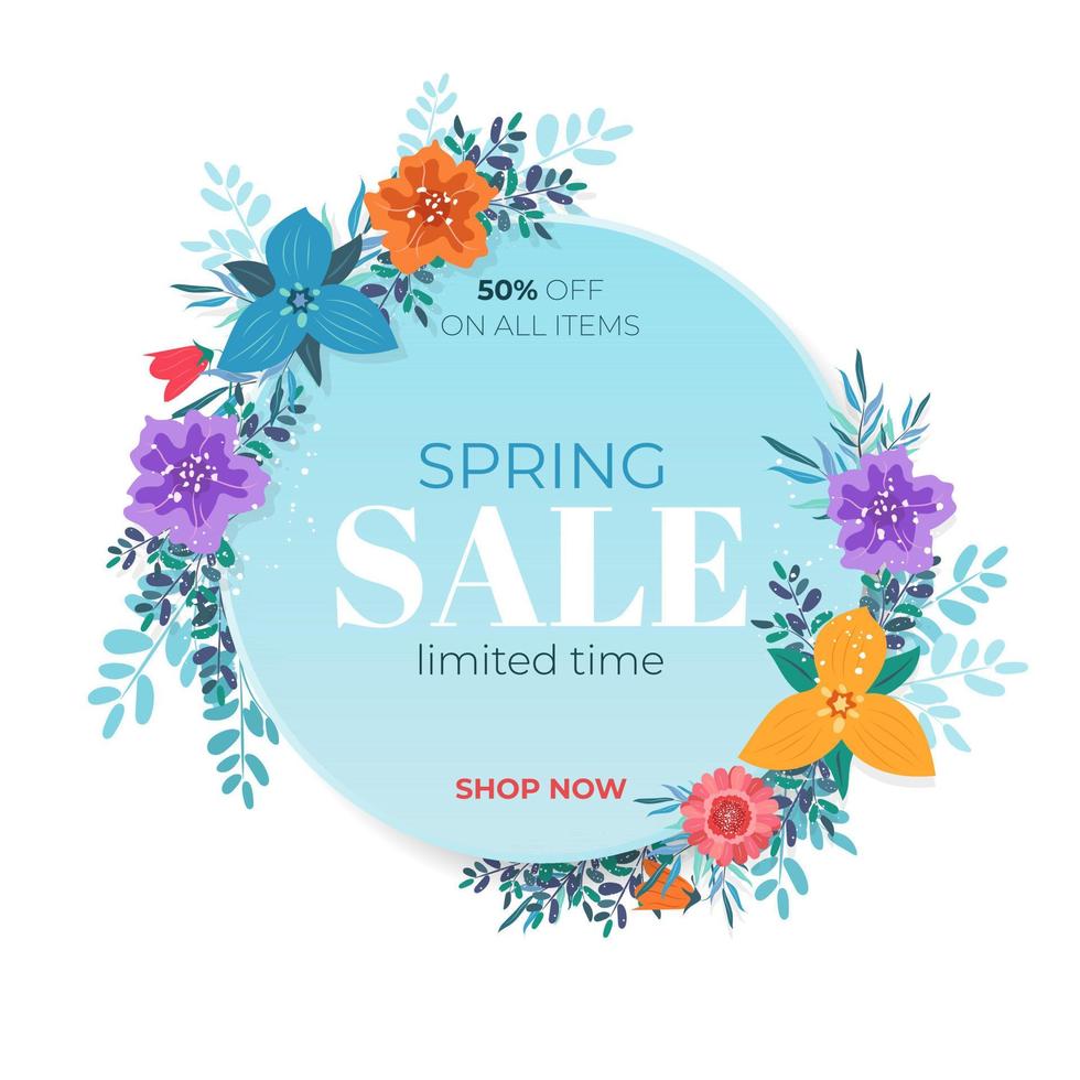 Spring sale banner template. isolated gradient circle with colorful flowers on white background for shopping sale, poster, card, web banner. Vector illustration.