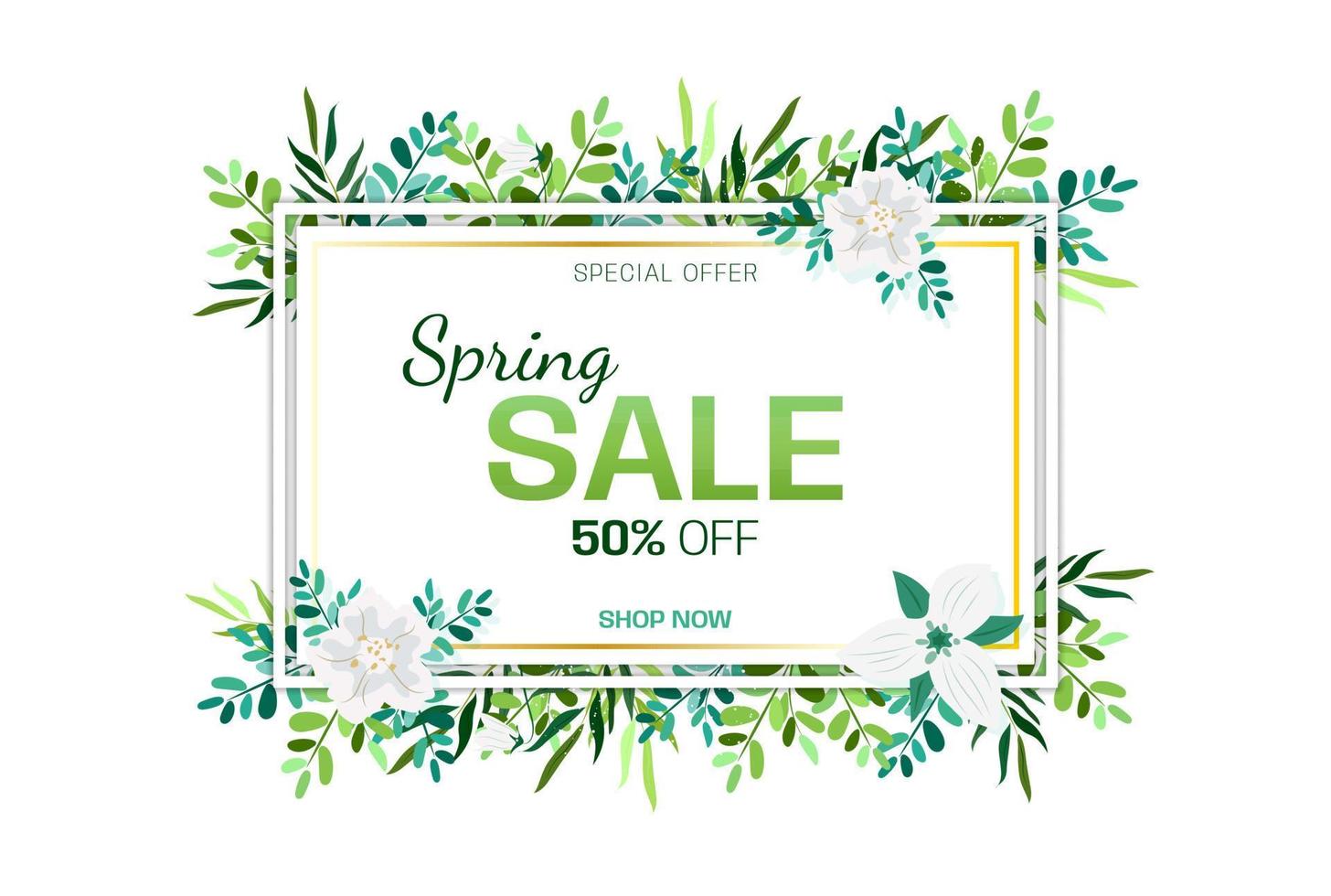 isolated Design banner with spring sale logo. Discount card for spring season with white and golden frame and herb. Promotion offer with spring plants, leaves and flowers decoration. Vector art