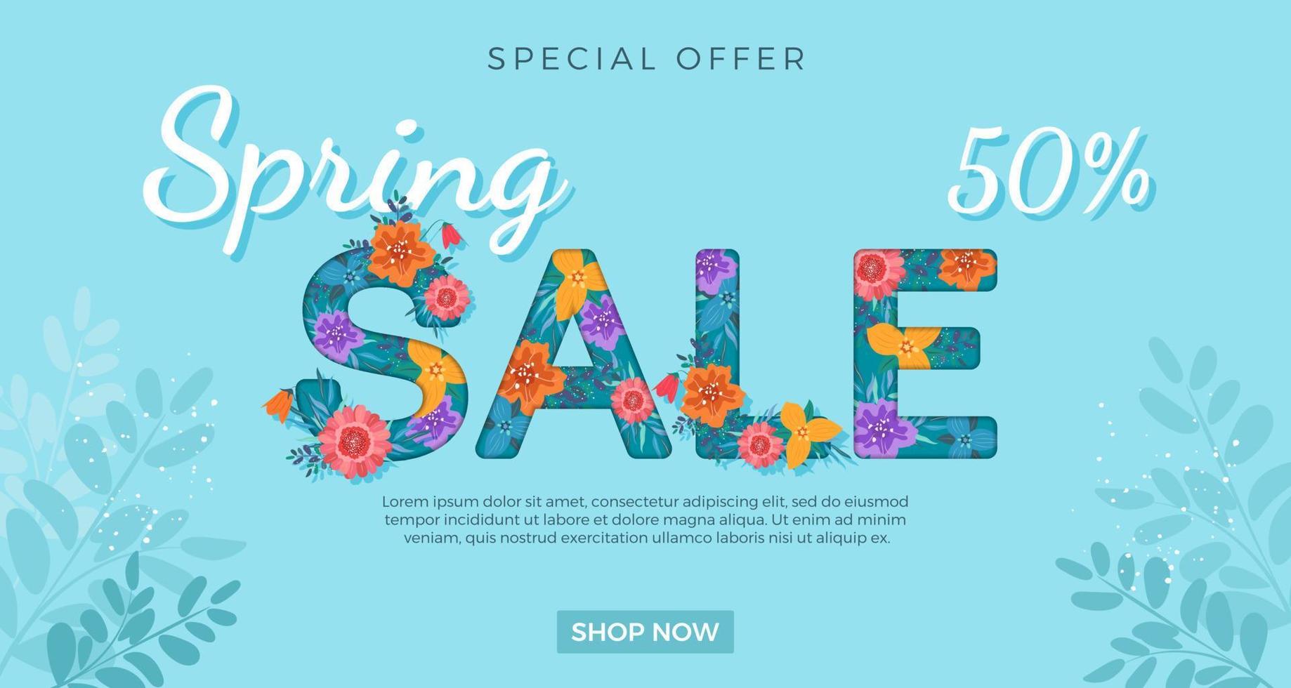 Spring sale banner template with colorful flowers on a blue background. Vector illustration for promotions, magazines, advertising, web sites. Vector banner.