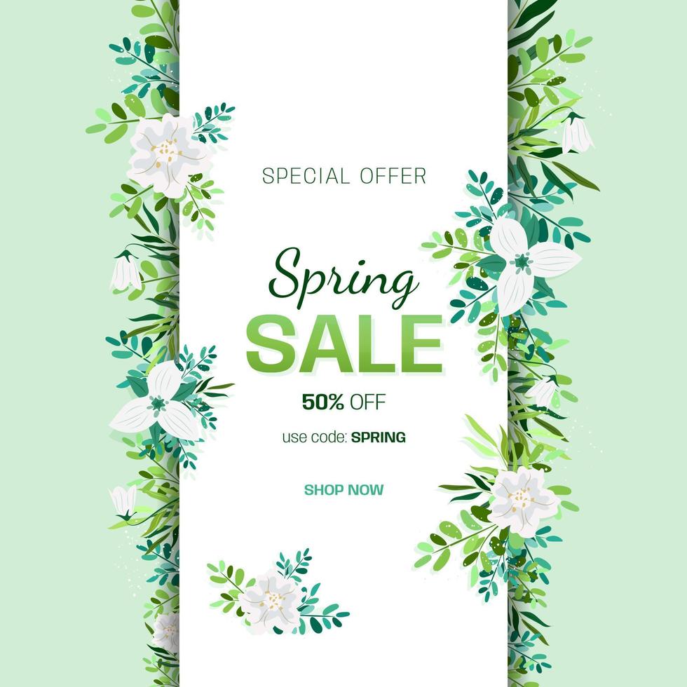 Spring sale header or voucher template with flowers and twigs. Vertical banner with spring flowers. Place for text. Vector border frame, promo card.