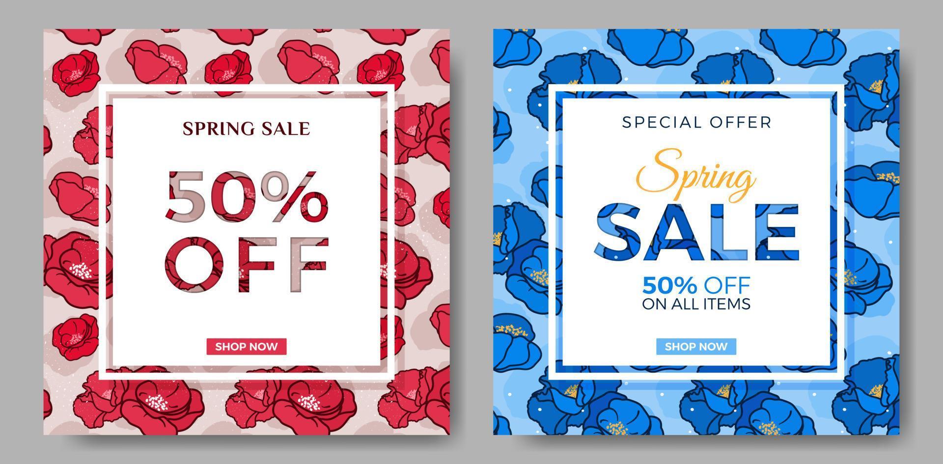 Set of Spring sale banner templates. Floral Banners with blue and red poppies for shopping sale, poster, card, web banner. Vector illustration.