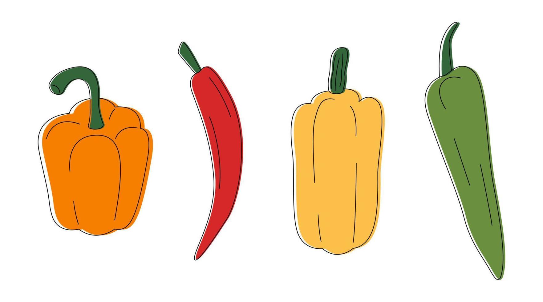 Different peppers line art set. Colored bell, chili, banana pepper collection in cartoon style. Icon set isolated on white background. Hand drawn doodle vector illustration.