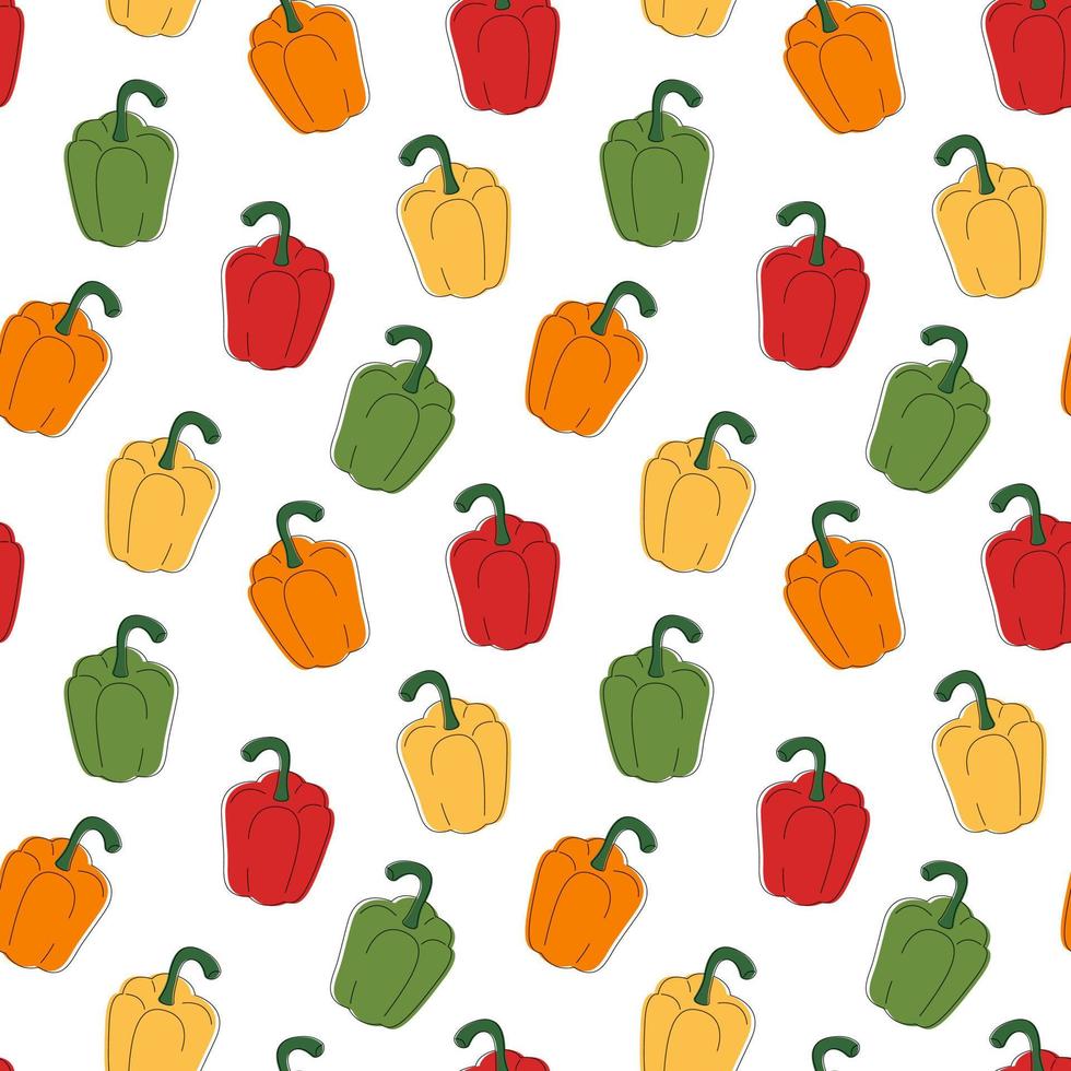 Multi-colored bell pepper pattern. Fresh vegetables in cartoon style. Seamless pattern isolated on white background. Hand drawn doodle vector illustration.