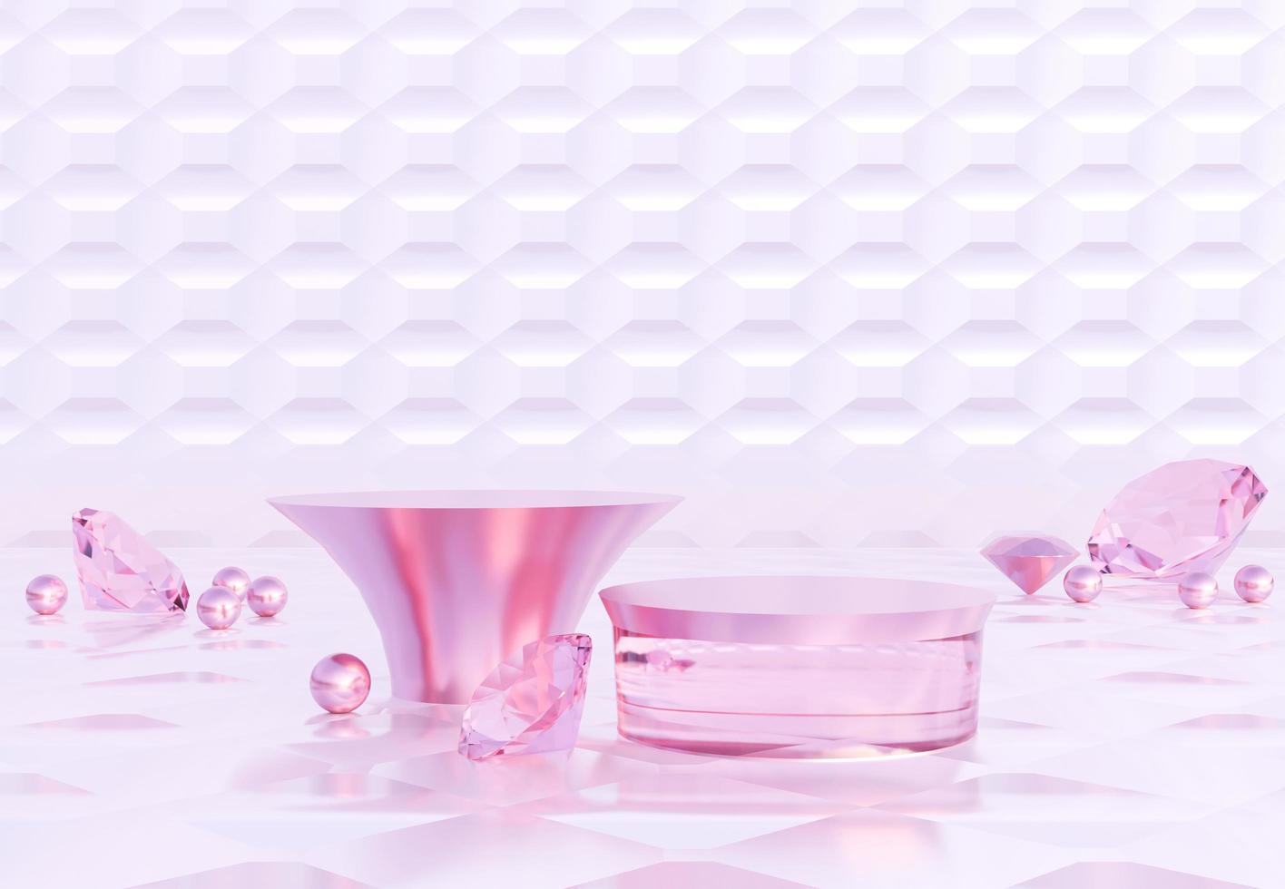 Two pink glass podiums with abstract art and shiny wall. Stand to show products. Stage showcase with elegant scene for presentation. Pedestal display. 3D rendering. Studio platform template. photo