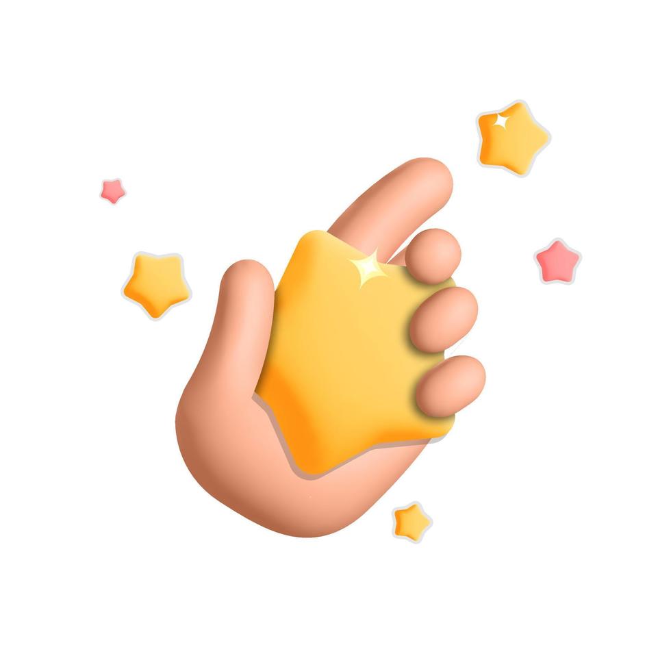 3d vector hand holds yellow star rating symbol for custom review feedback web mockup element