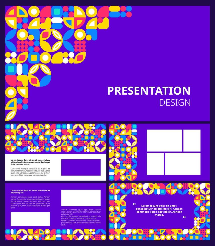 Set of modern presentation templates. Presentation design, portfolio vector layout with geometric colorful trendy square Bauhaus geometric shapes. Slide page, flyer, website, company profile