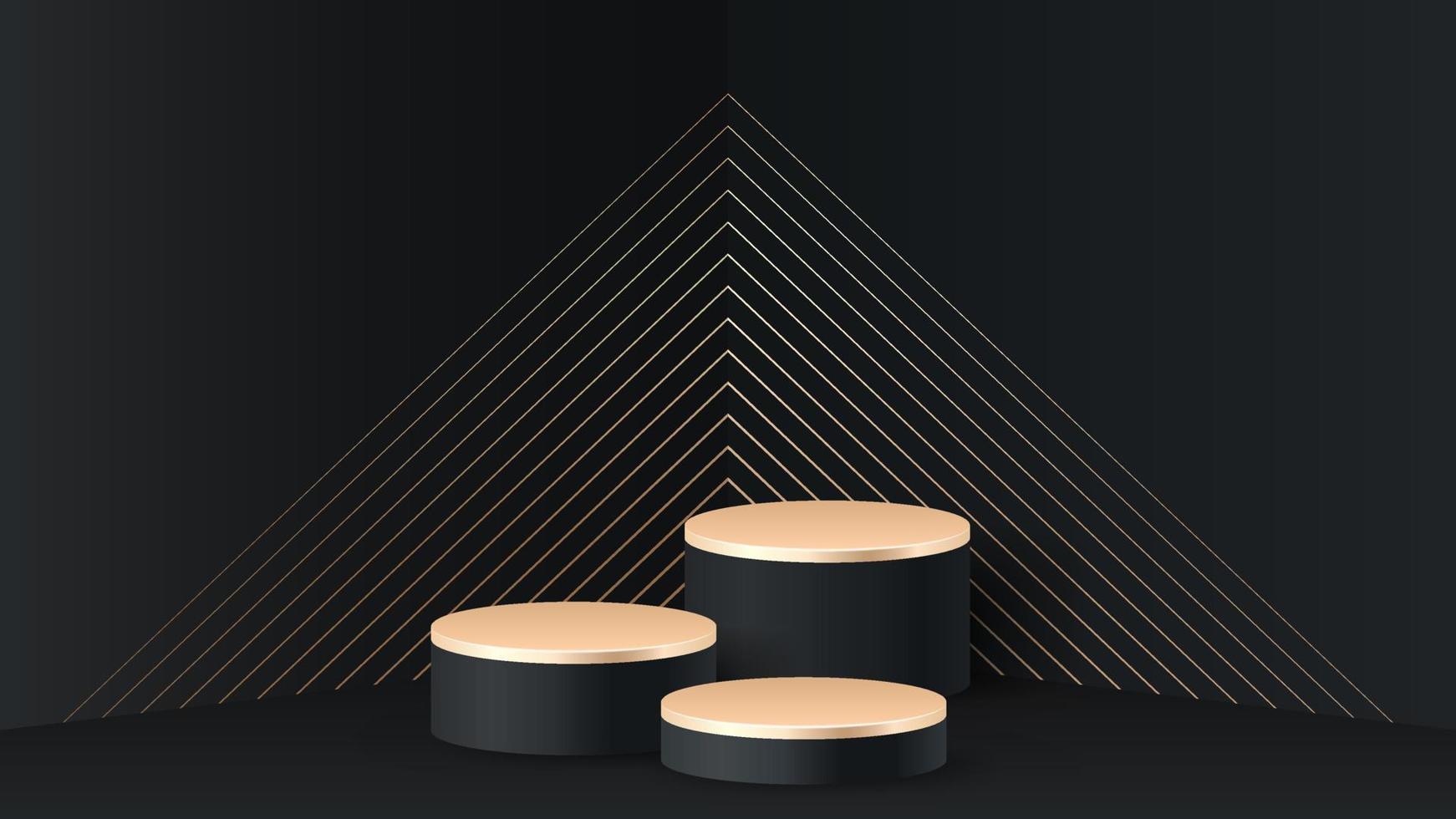Black 3d background product display podium scene with golden geometric platform. Stand to show cosmetic product. Realistic stage showcase on pedestal in room corner. Premium studio, gradient lines vector