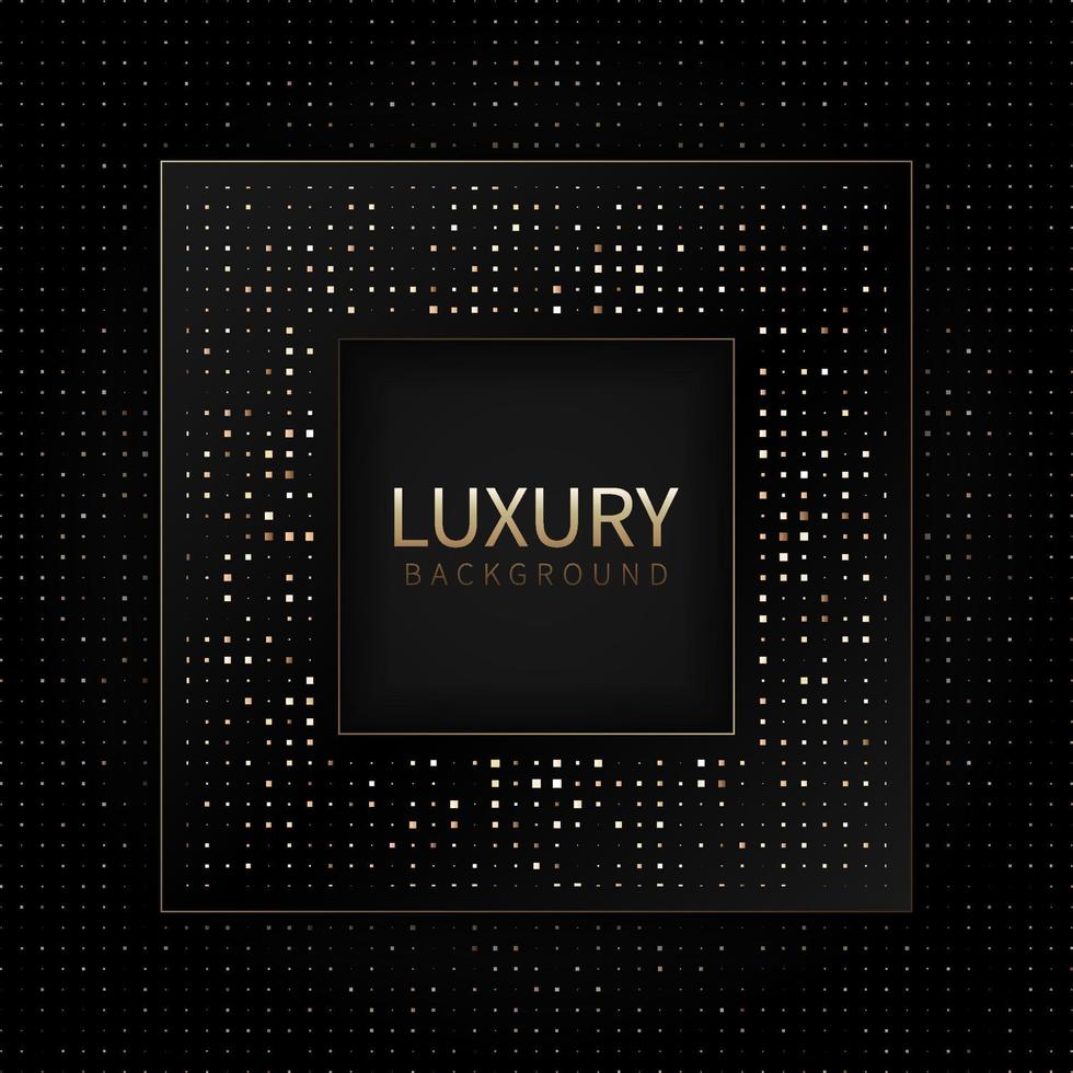 Abstract black square shape with golden glowing frame and mosaic glitters. Vector illustration. Luxury geometric backdrop with golden glittering particles. Premium banner design. Minimalist decoration