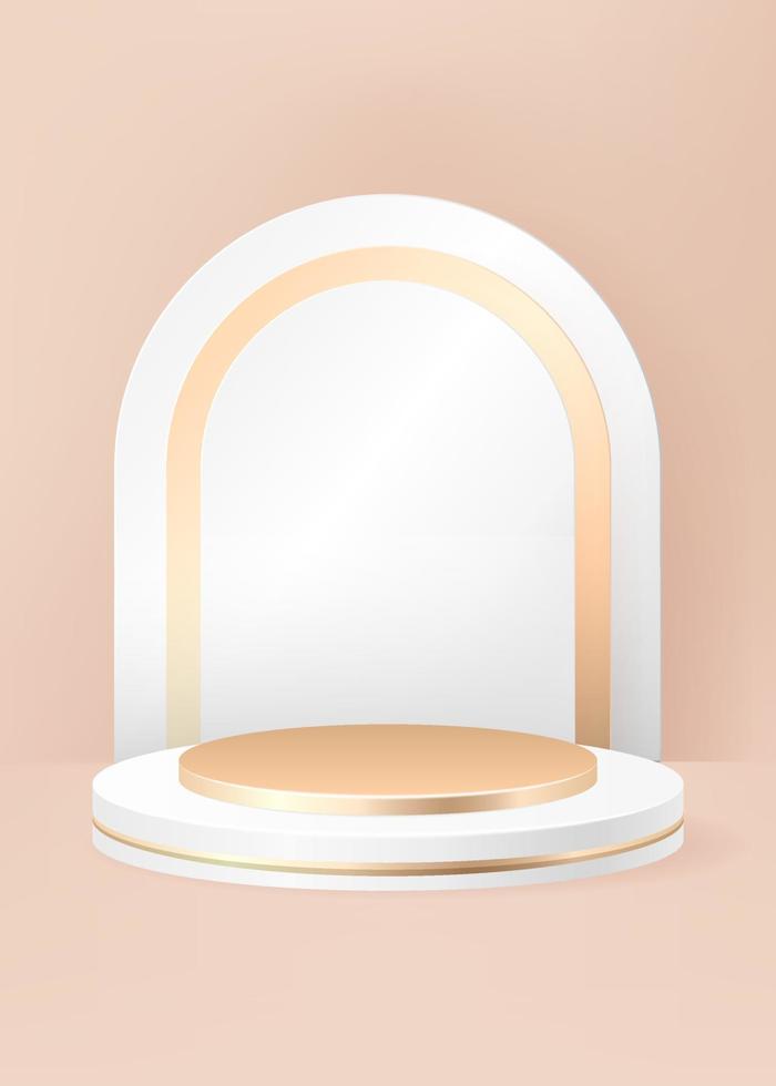 Pastel beige 3d background product display podium scene with golden geometric platform. Stand to show cosmetic product. Realistic stage showcase on pedestal display on cream backdrop. Premium studio vector