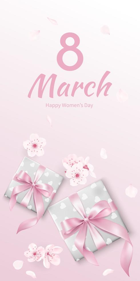 8 marzo saludo bandera con rosado realista cintas en regalos. regalos con linda arco, De las mujeres día sitio web encabezamiento vector ilustración. modelo para publicidad, web, social medios de comunicación pastel rosado.