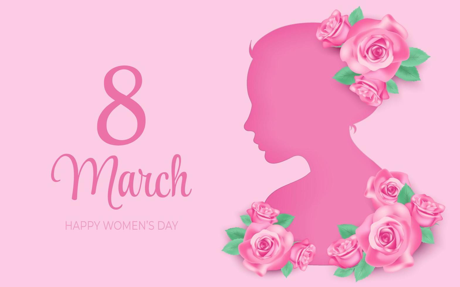 8 March greeting banner with pink realistic roses flower bouquet. Woman cut out silhouette, women's day website header vector Illustration. Template for advertising, web, social media pastel pink.