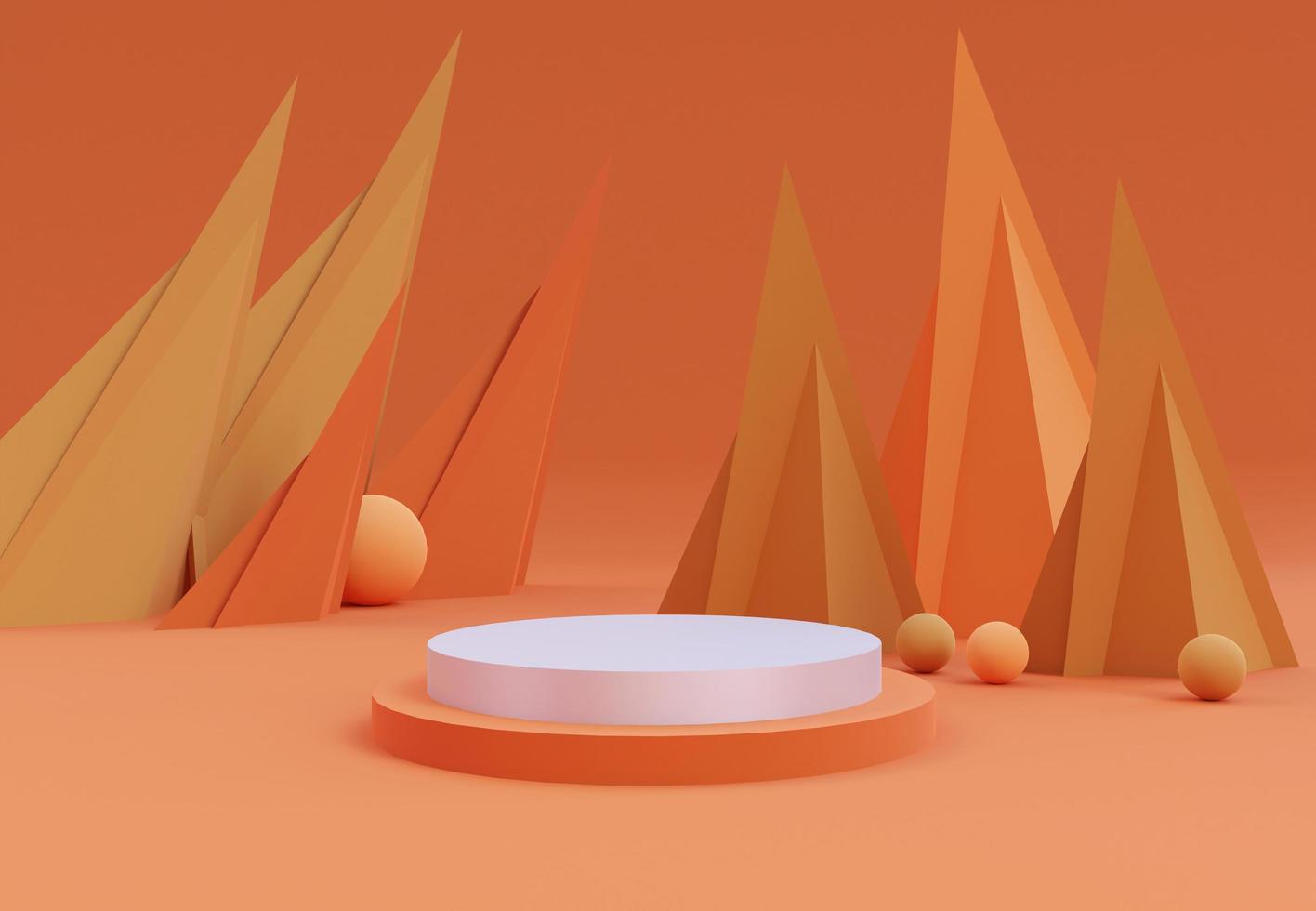 Orange podium with abstract art objects. Stand to show products. Stage showcase with modern scene for presentation. Pedestal display. 3D rendering. Studio platform template. photo