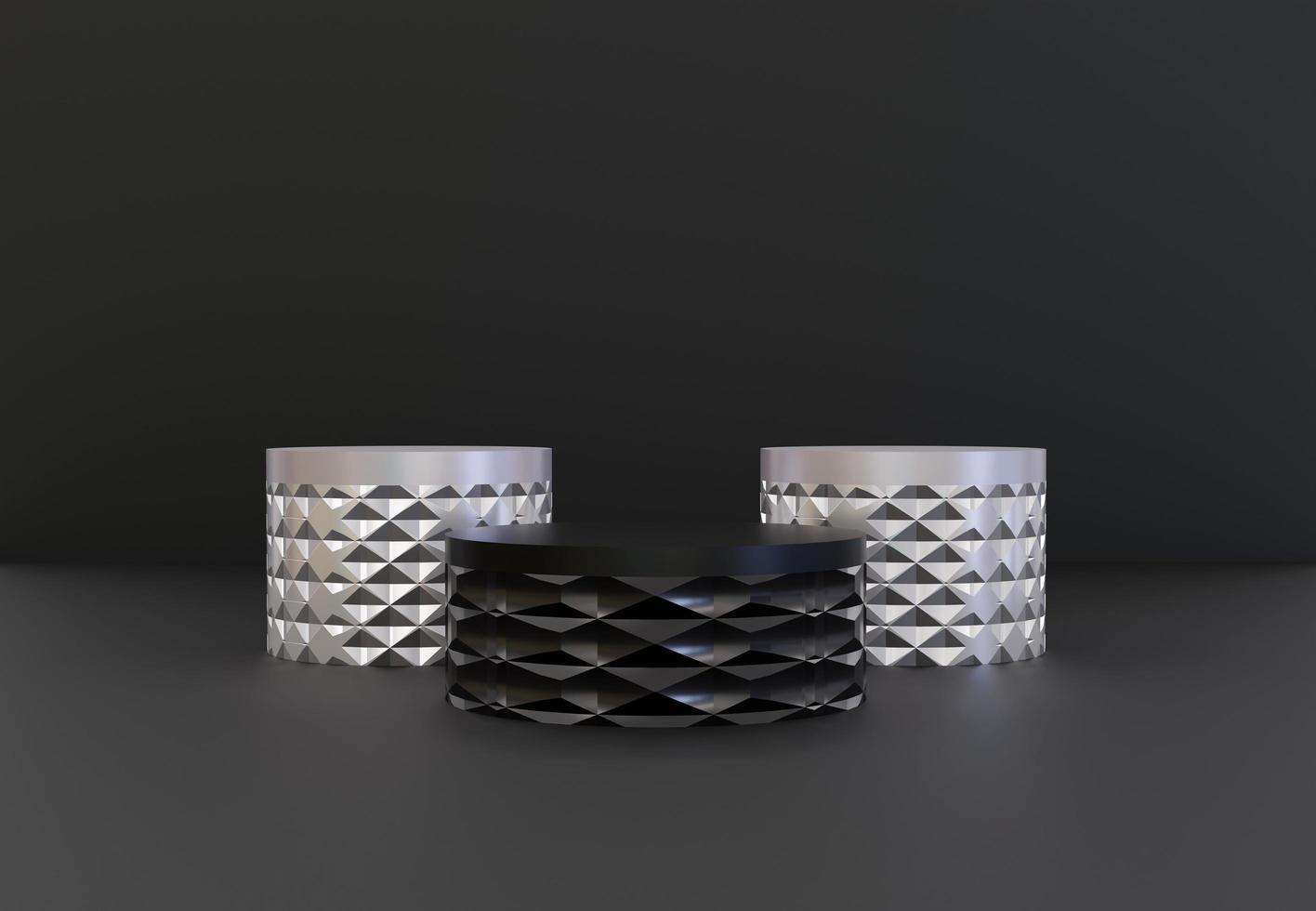 Set of black and silver podiums.  Stand to show products. Stage showcase with luxury style for presentation. Pedestal display. 3D rendering. Studio platform template. photo