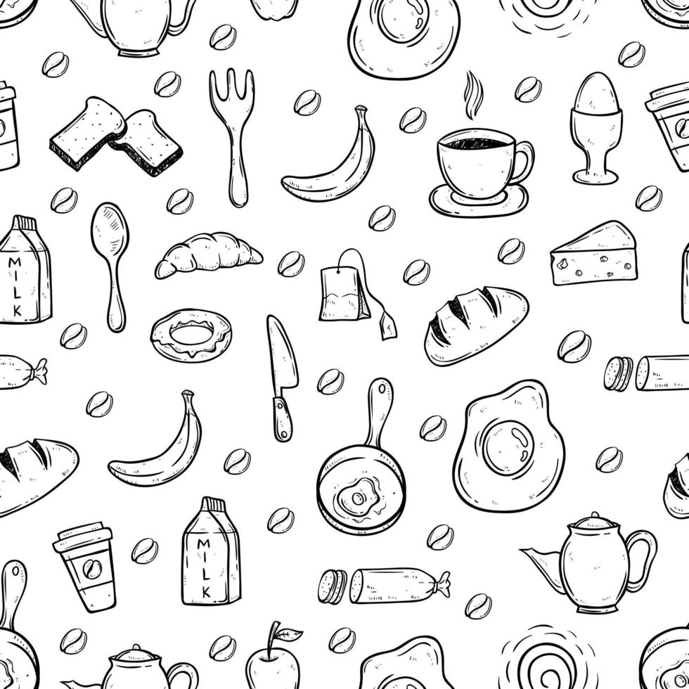 Tasty breakfast seamless pattern with doodle style vector