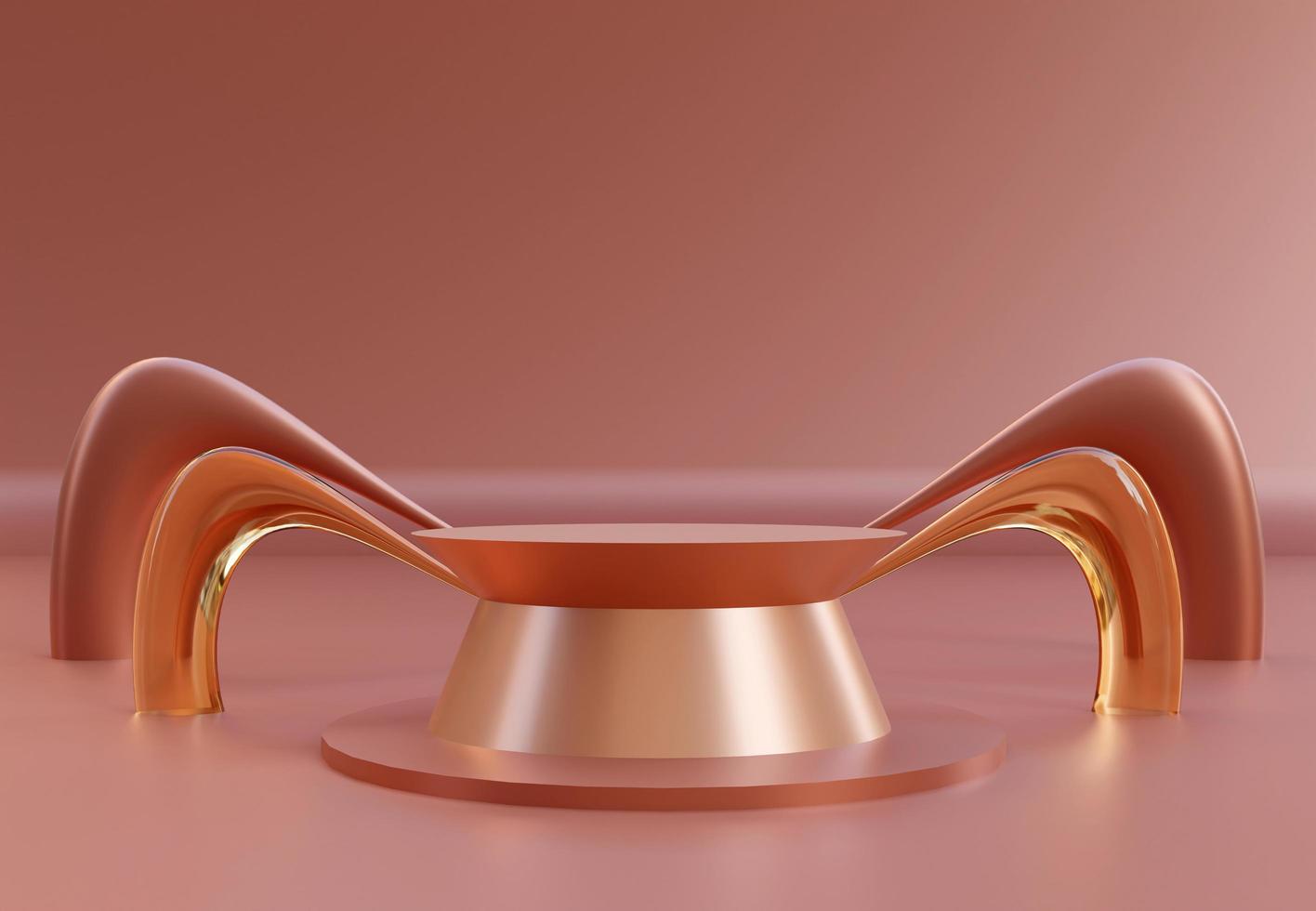 Glow podium with abstract art objects. Stand to show products. Stage showcase with modern scene for presentation. Brown pedestal display. 3D rendering. Studio platform template. photo