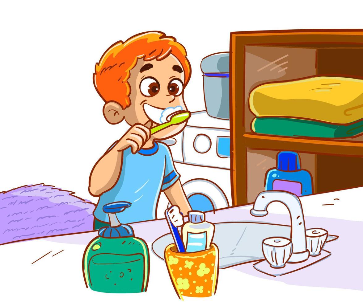 kid boy brushing teeth vector illustration.