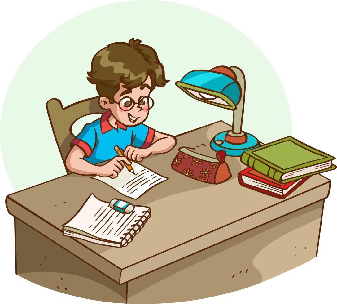 cute boy studying at the table cartoon vector illustration
