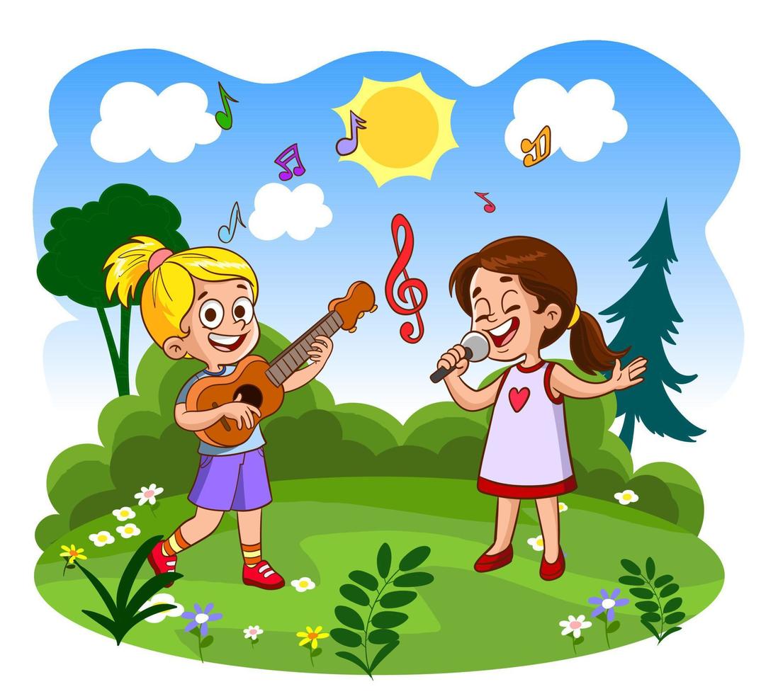 contento linda niño niña canta con sonrisa.niños canto en naturaleza en un alegre día vector ilustración