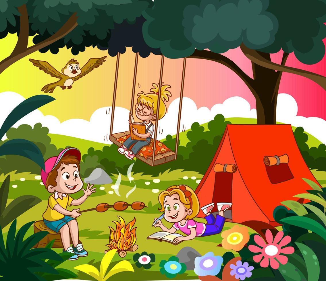 Kids summer camping vector concept illustration