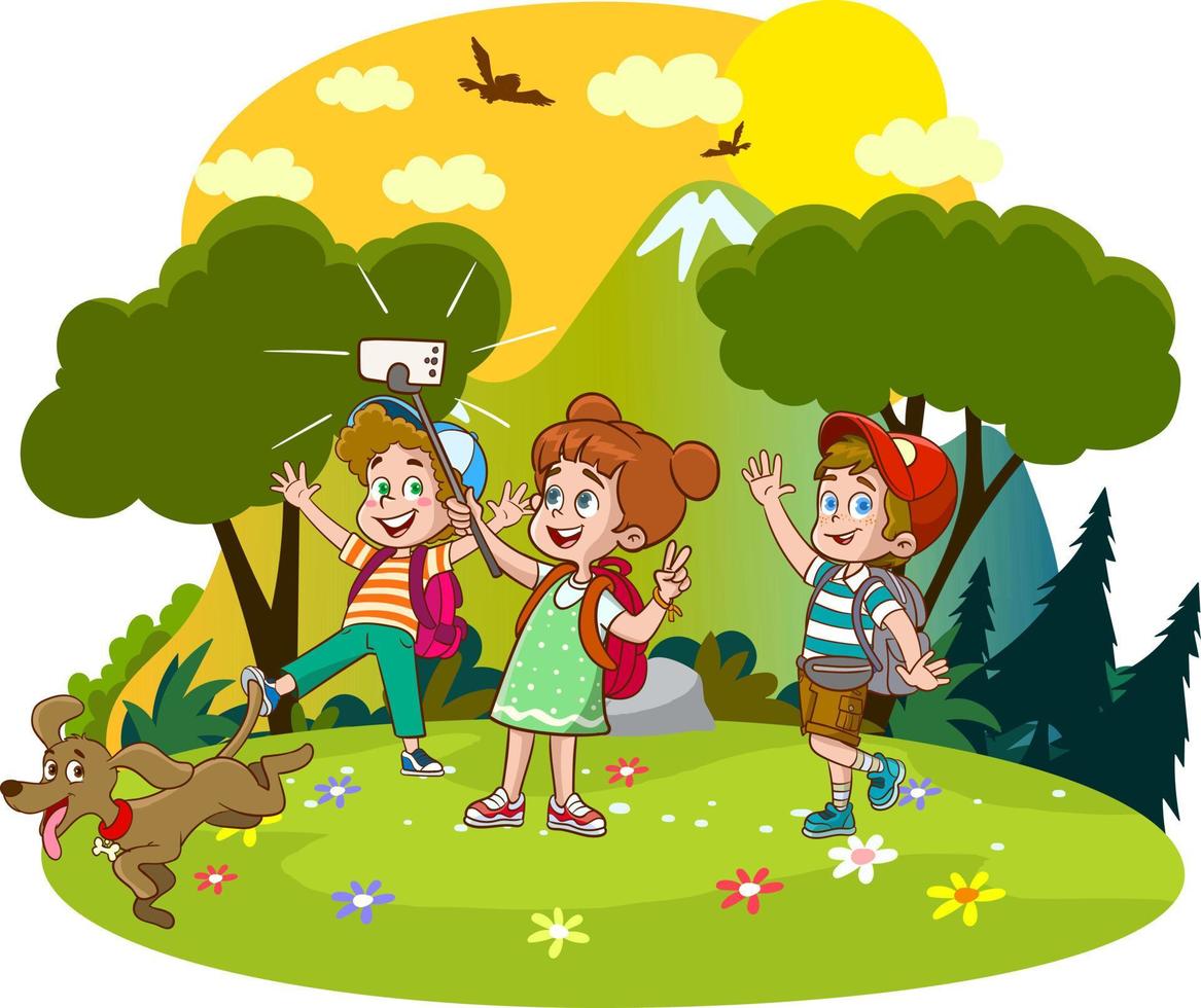 vector illustration of cute kids hiking