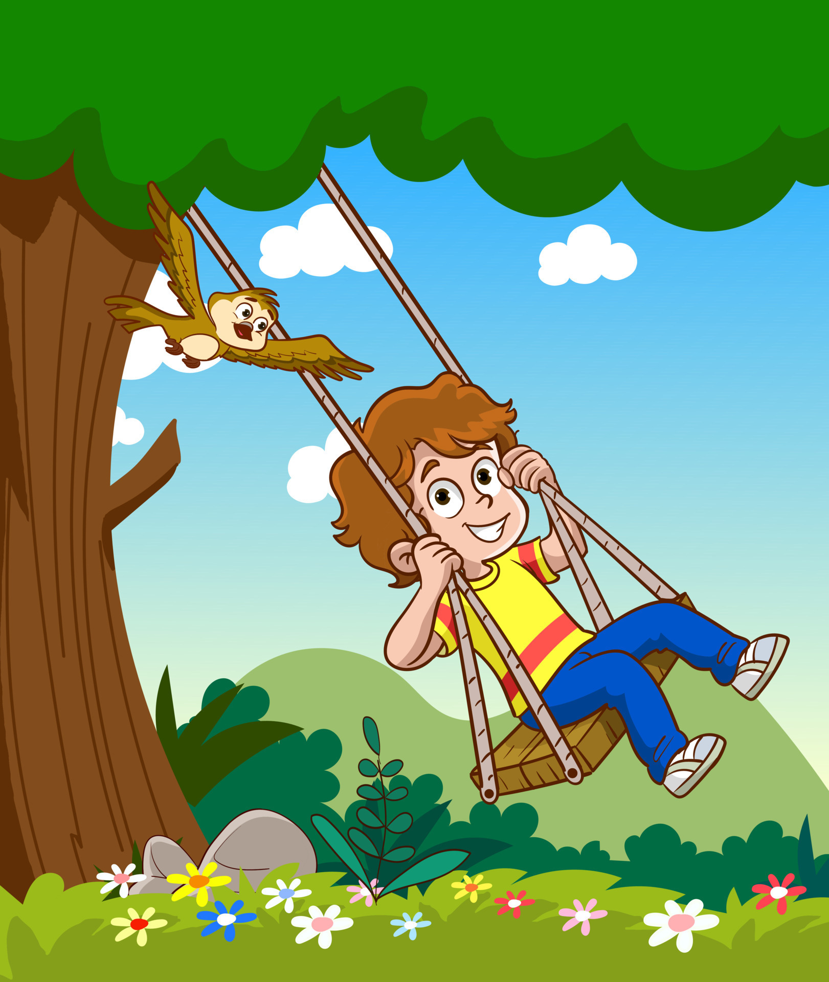 Little boy having fun on swing outdoors in beautiful summer garden on