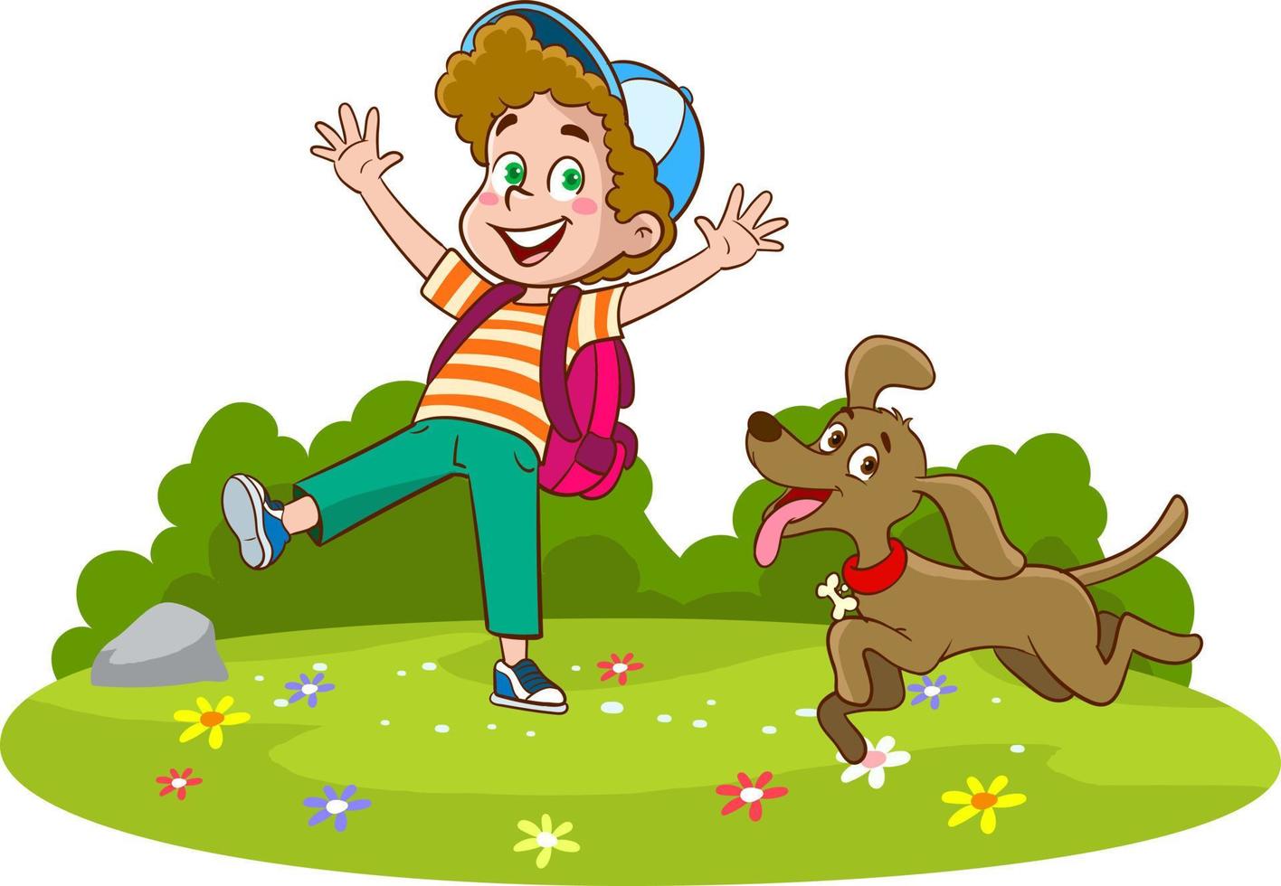 Boy playing with his dog in the park. Summer background vector illustration. I'm playing outside.