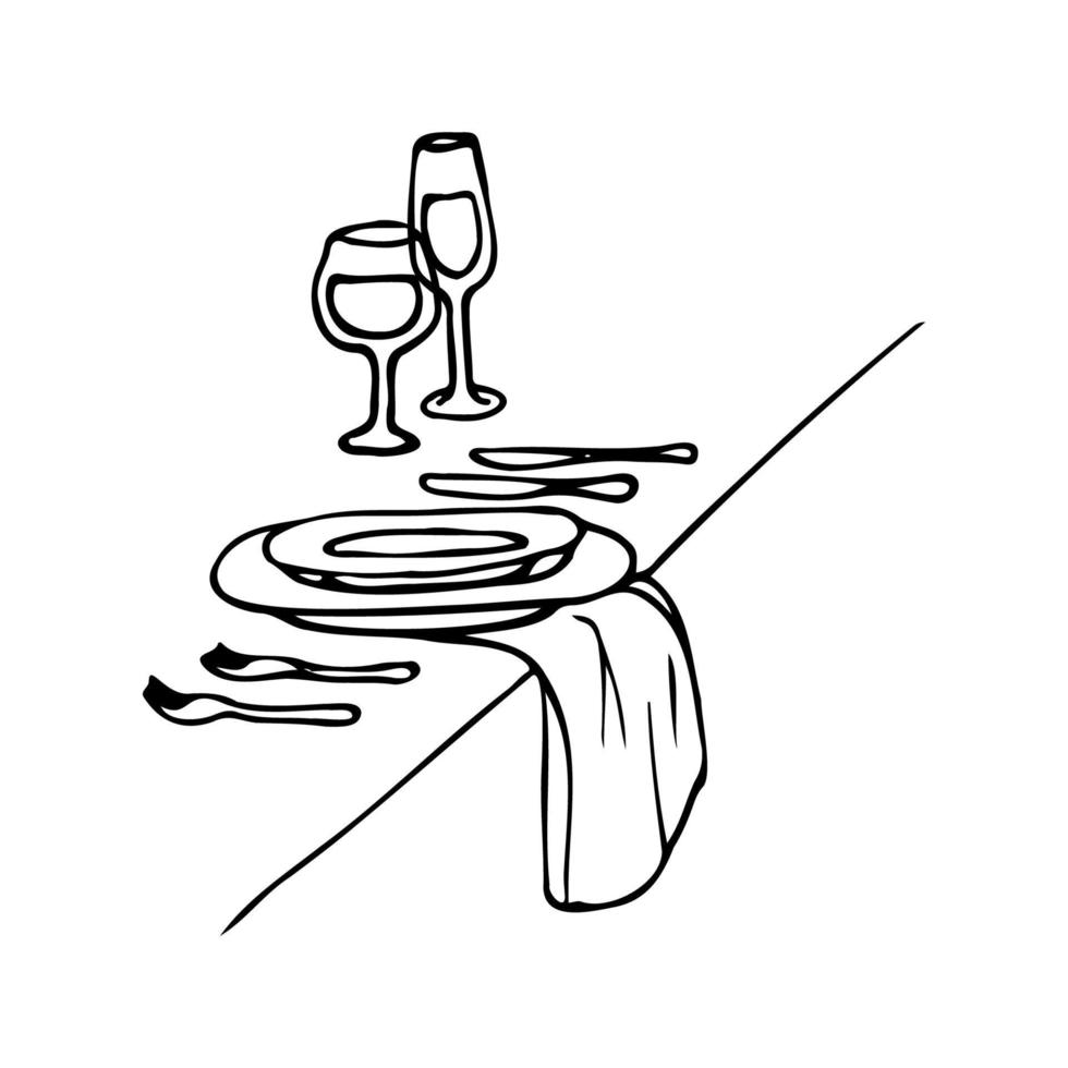 table setting for one person in isometry - forks, knives, plates, glasses with drinks, napkin under the plates hanging from the table - hand drawn doodle. place for a guest at the table vector sketch