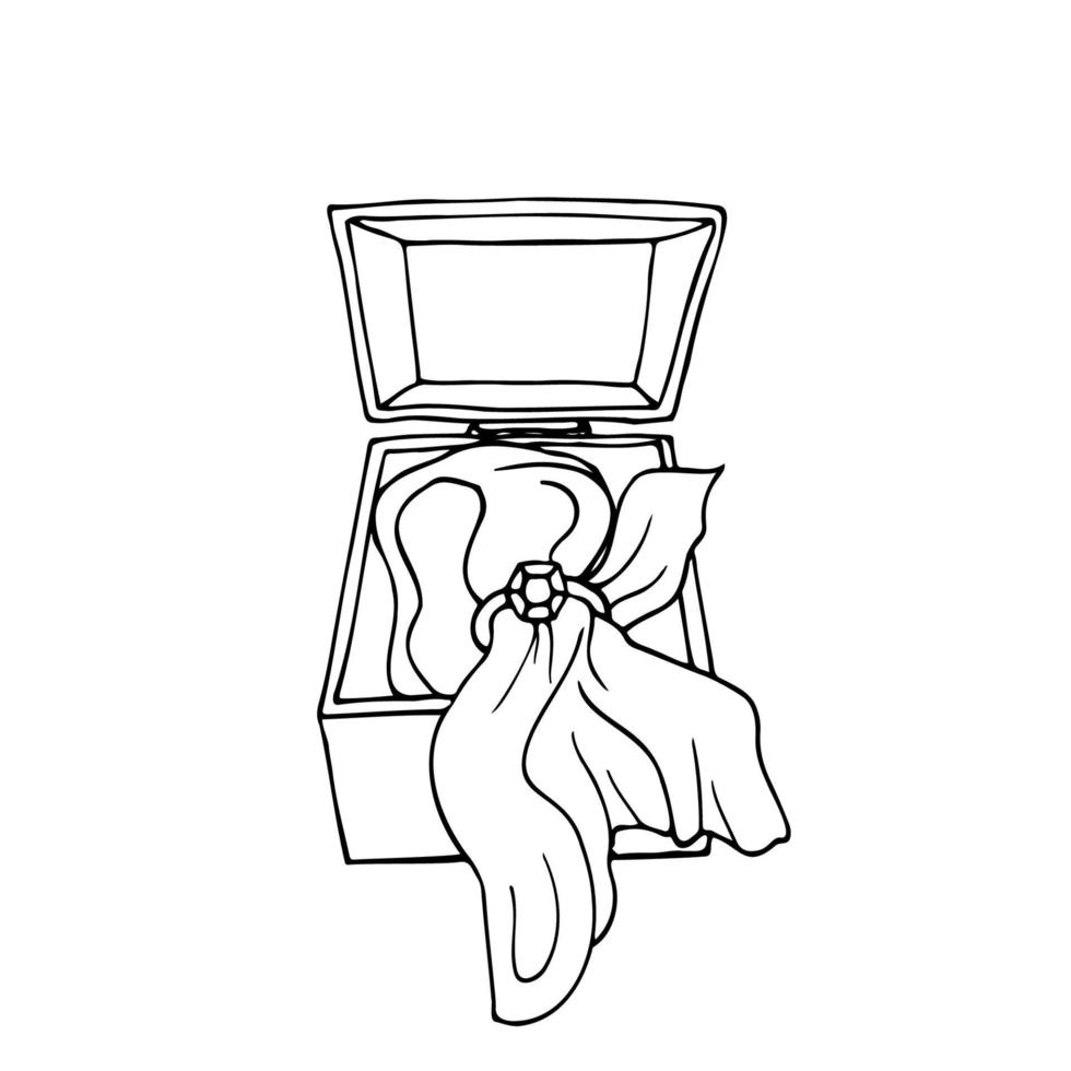 diamond ring with a fabric or napkin threaded through it in a box for rings - hand drawn doodle. decor for wedding ring vector sketch