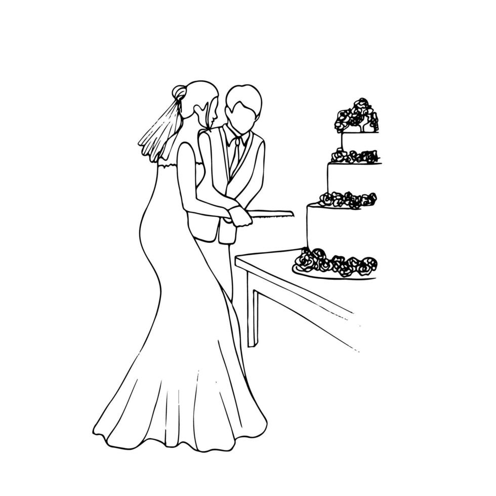 bride and groom are holding a knife together to cut the wedding cake in doodle style. hand drawn vector illustration wedding cake cutting by newlyweds
