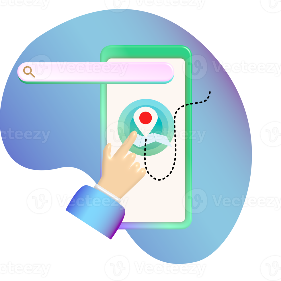3D blue suit sleeveless hand tapping on GPS app pad with search box On a blue floating bubble background, transparent back PNG