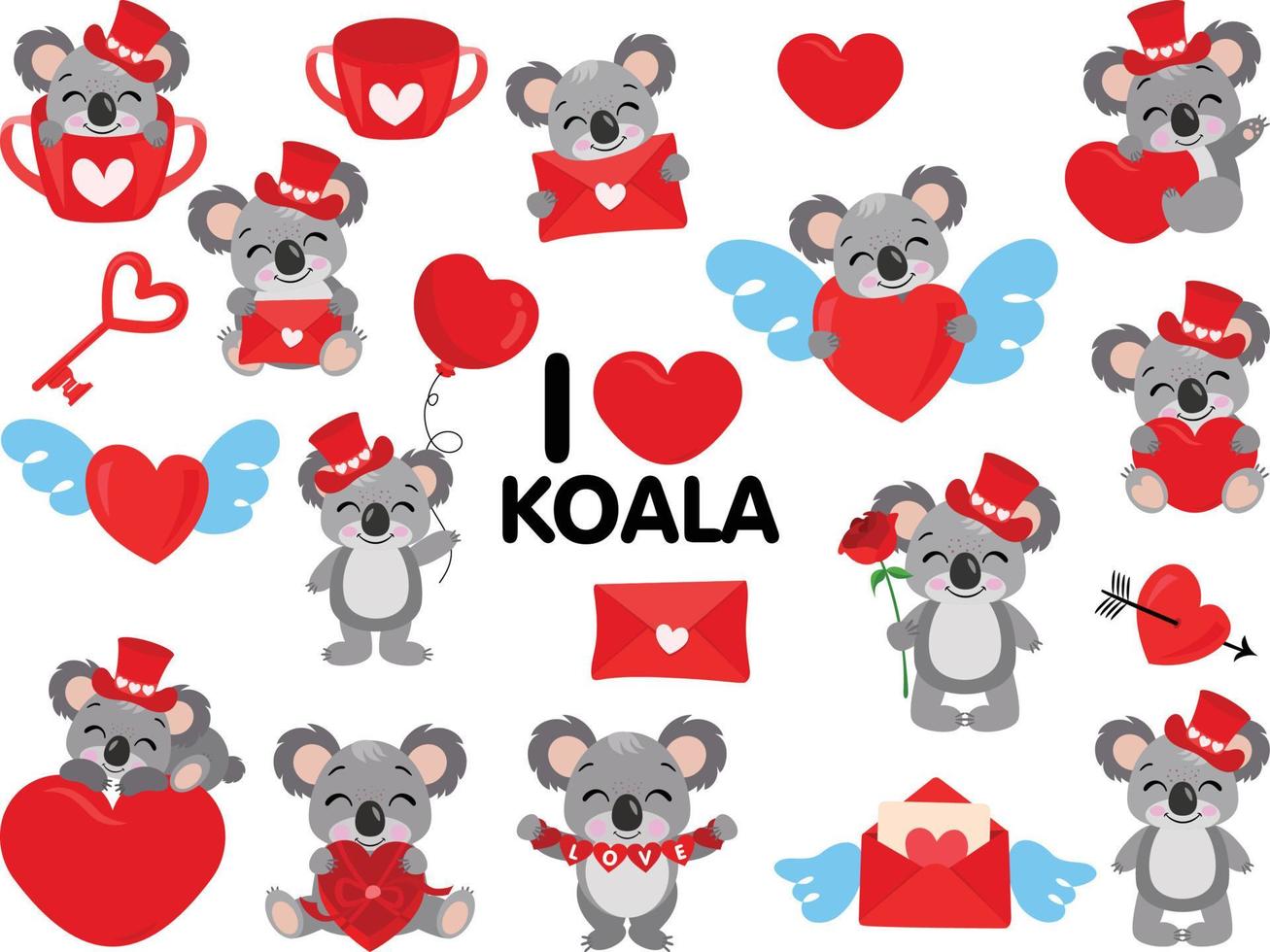 Set of funny valentine koalas vector