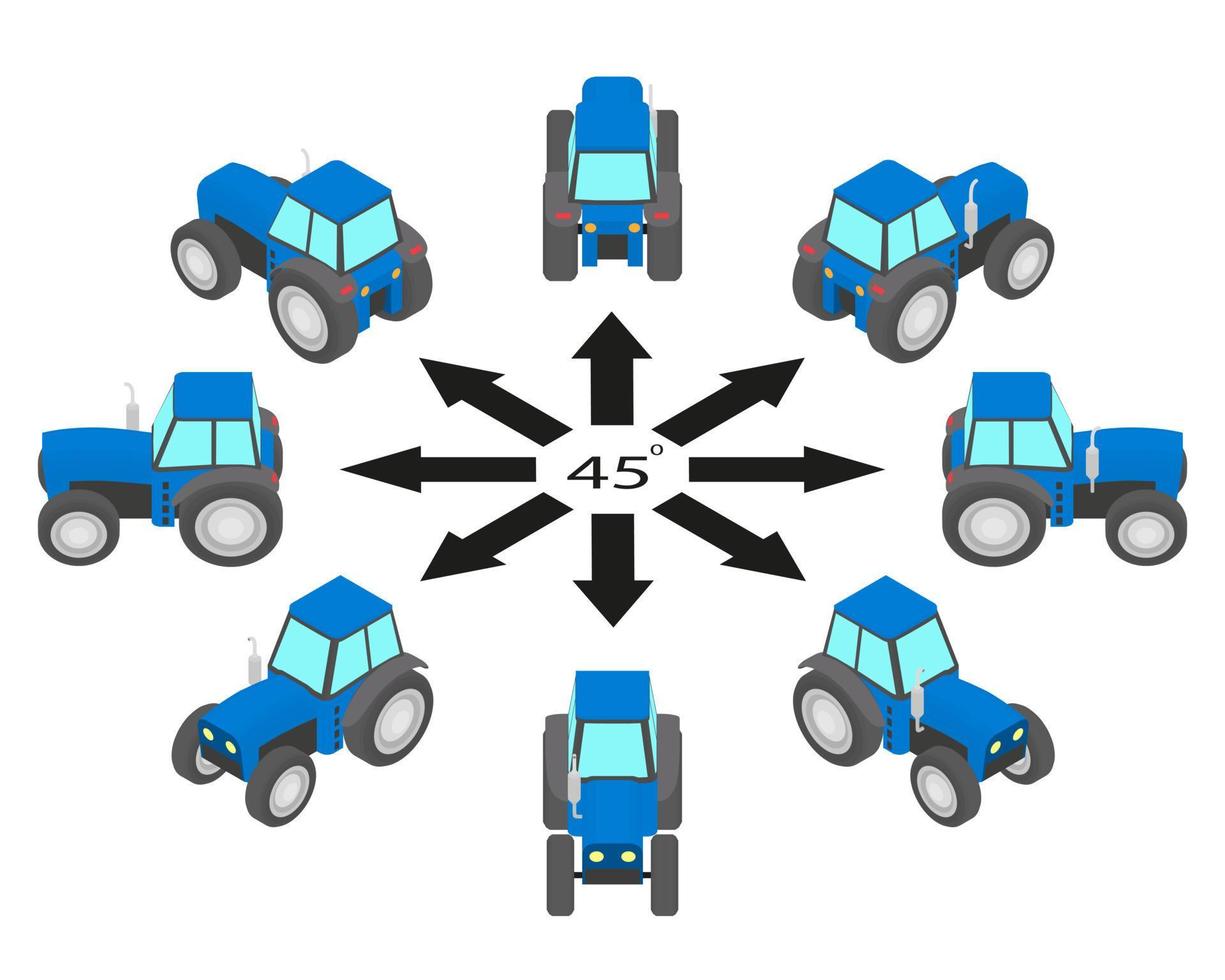 Rotation of blue tractor by 45 degrees. vector