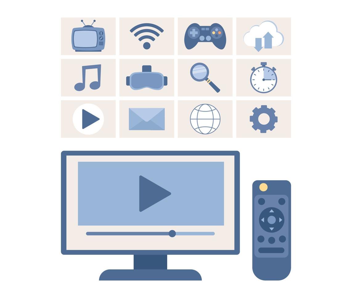 TV, menu and remote control icon set. Smart television concept. Vector flat illustration