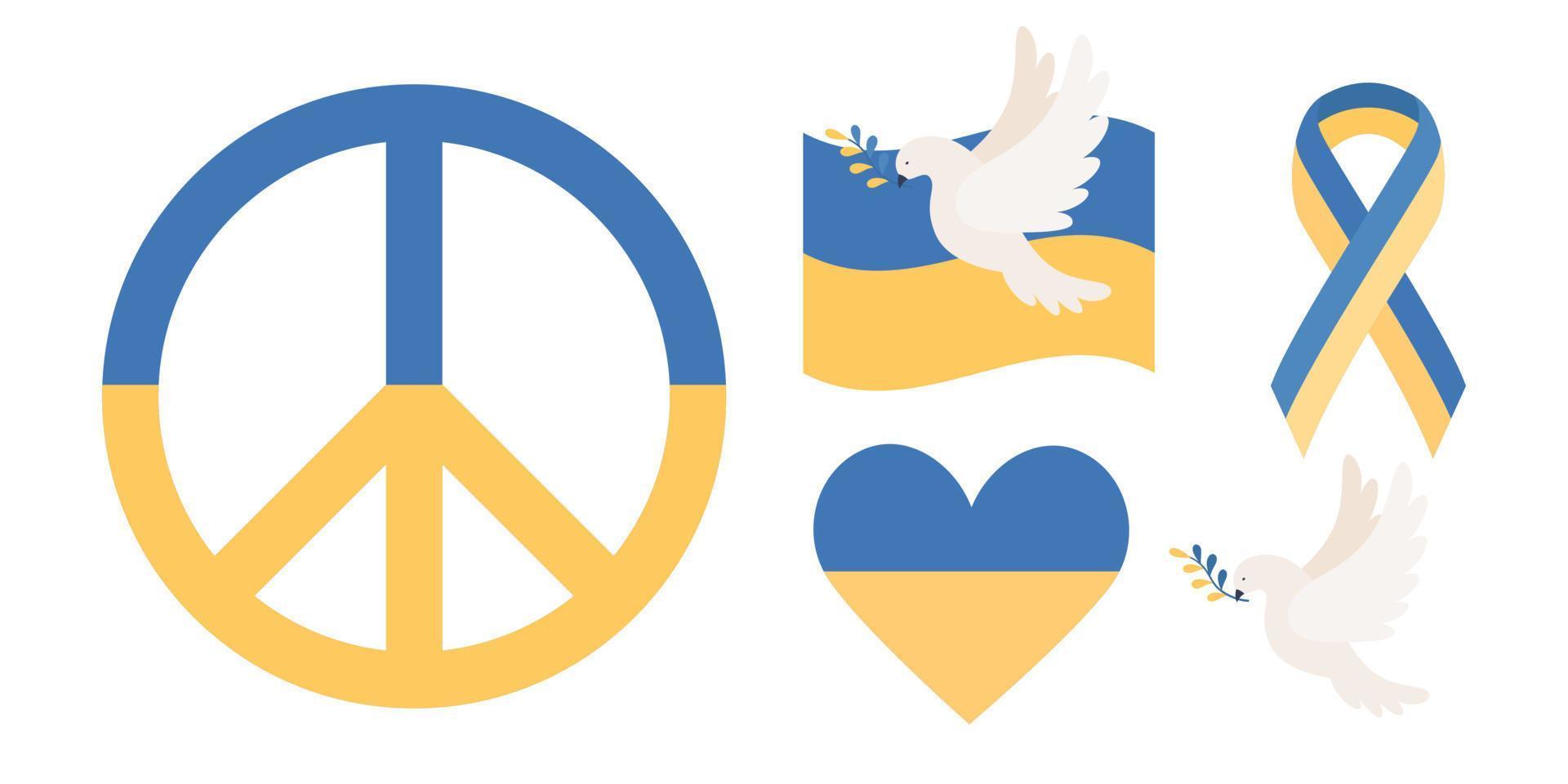 Ukraine peace symbols icon set. Ukrainian flag, dove with branch, heart, ribbon. Stay with Ukraine. Save Ukraine concept. Vector flat illustration