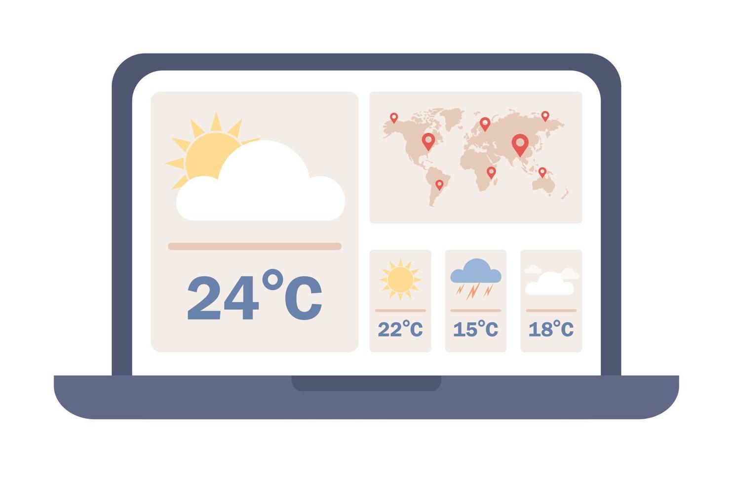 Weather forecast icon. Laptop with weather web site. Daily temperature. Cloudy, rainy and sunny day concept. Vector flat illustration