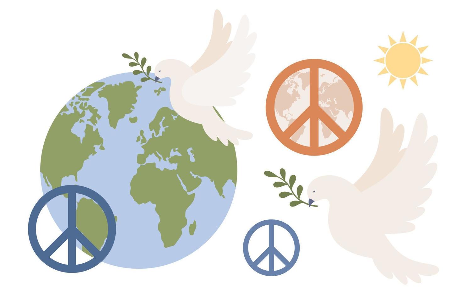 internacional día de paz conjunto icono. planeta tierra, mundo paz paloma, pacifismo firmar, Dom. anti guerra movimienot. vector plano ilustración