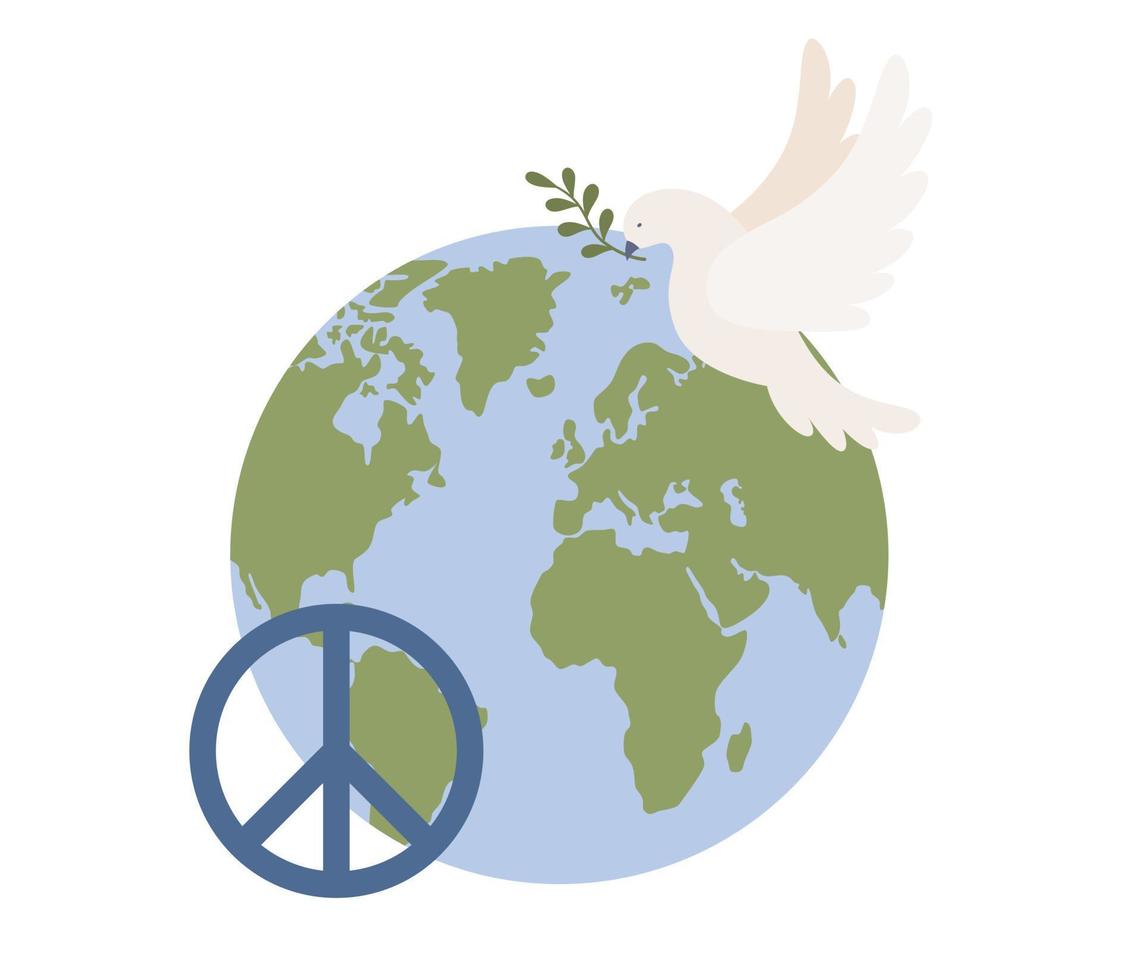 International day of peace. Planet earth and World peace dove. Bird symbolising harmony. Anti war movement. Vector flat illustration