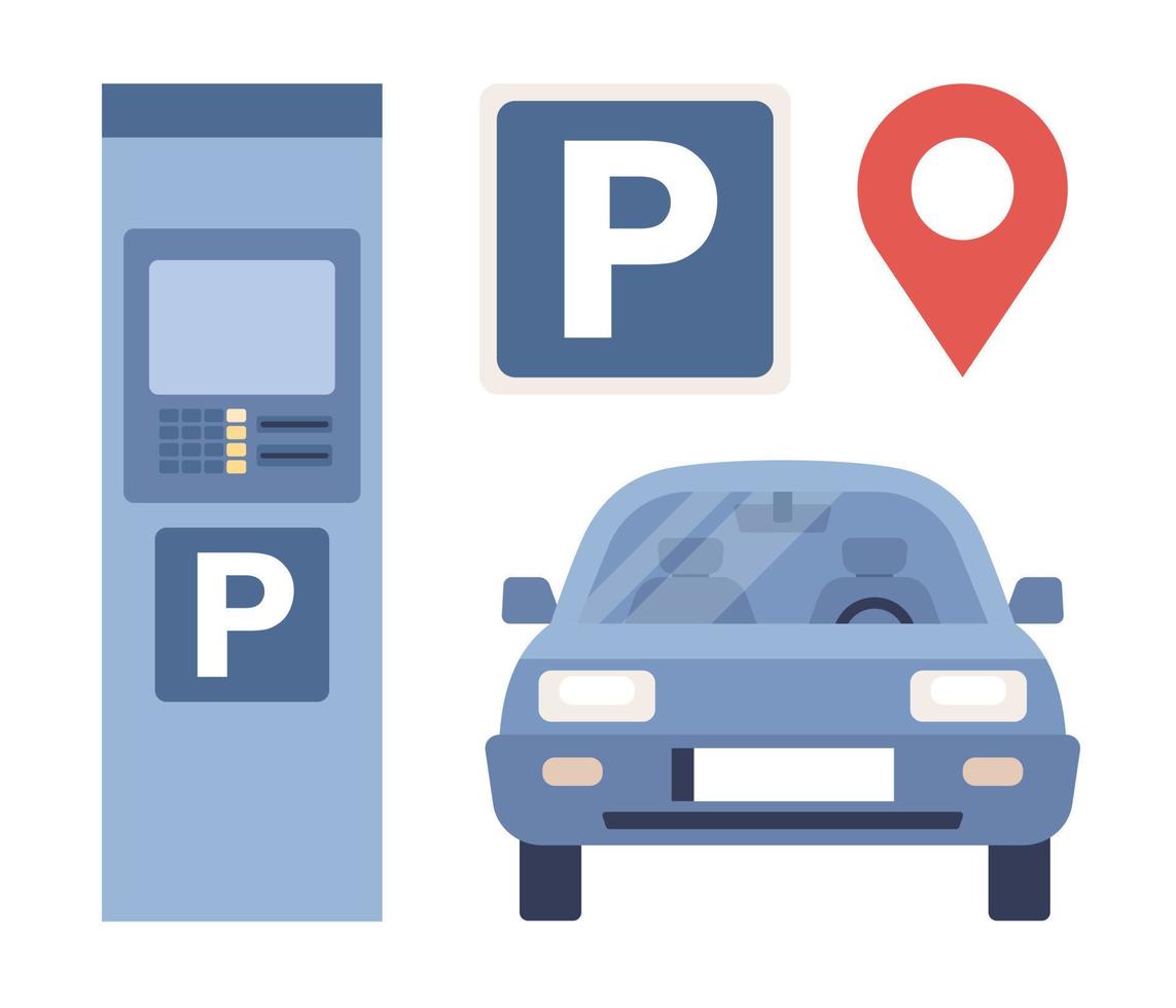 Parking icons set. Parking sign, car and parking meter with authorized ticket machine. Vector flat illustration