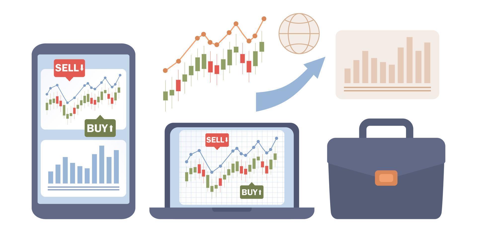 Stock market set icon. Candlestick chart of technical analysis. Index of world stock exchanges. Trading strategy. Financial statistics, market research, investments. Vector flat illustration