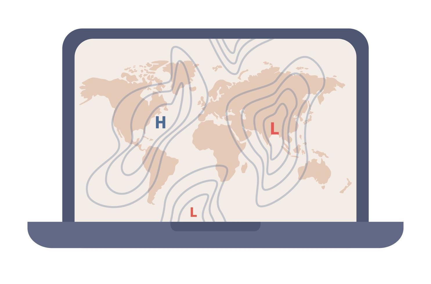 Meteorology science icon. World Meteorological day. World weather map on laptop screen. Weather and climate condition. Vector flat illustration