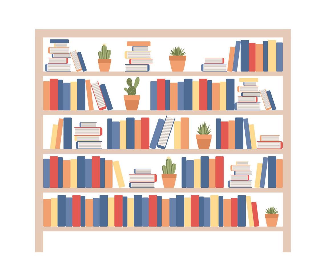 Bookcase with books and potted plants. Book shelve with colored book spines. Book store. Library concept. Vector flat illustration