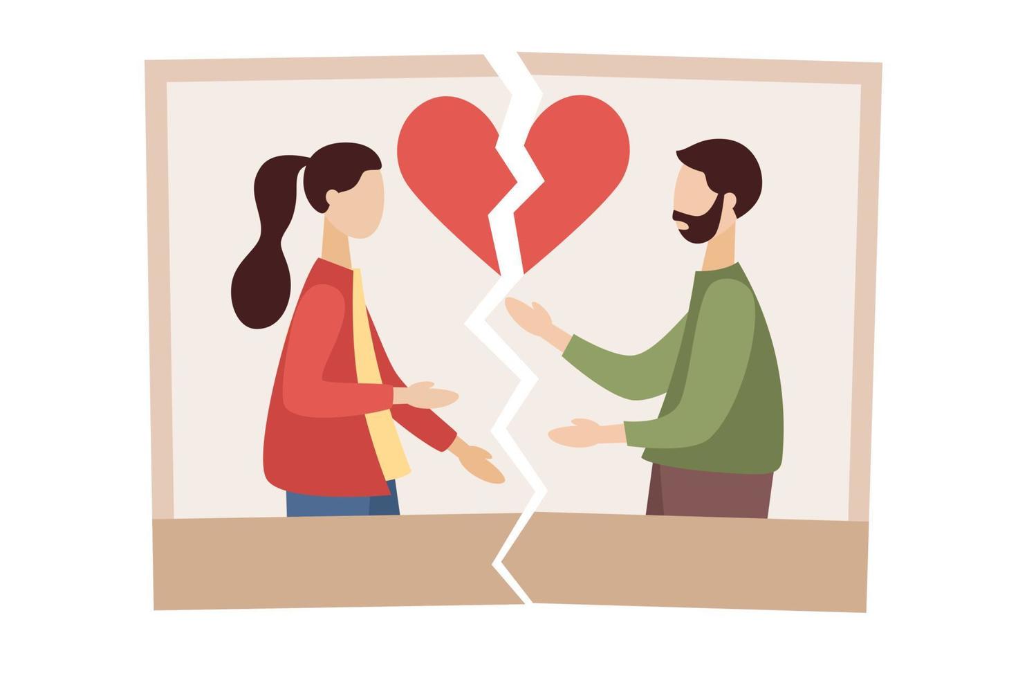 Divorce icon. Torn photo of couple in love. Break up. End of family life. Separation ex-wife and husband. Crisis relationship. Unhappy love. Vector flat illustration