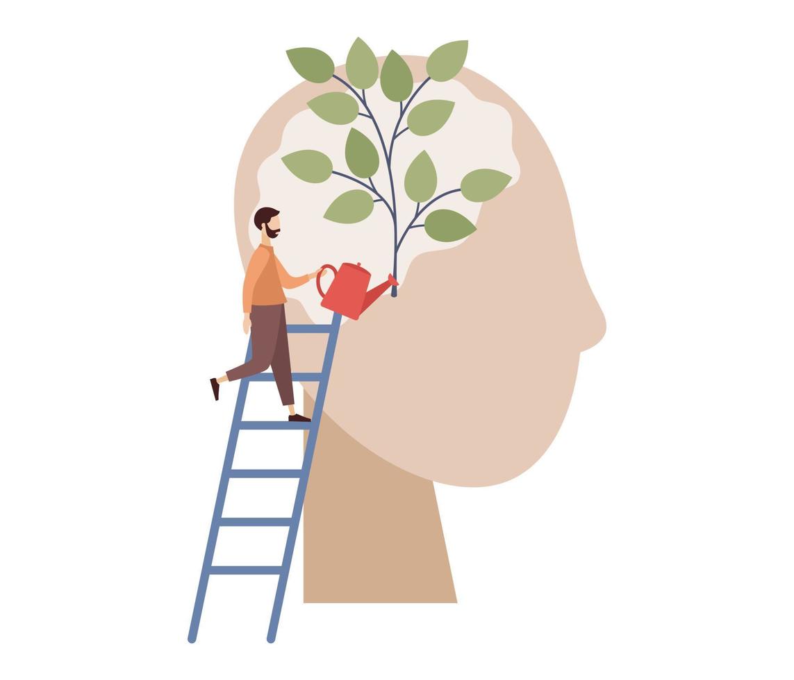Mind growth icon. Metaphor for growth of personality as plant. Self-improvement, self-development. Man watering brain plant with watering can. Vector flat illustration